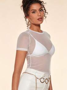 SHEIN BAE Solid Sheer Mesh Top Without Bra - White - View 5