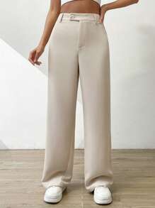 SHEIN EZwear Quần nữ Nút Túi màu trơn Thanh lịch - Màu be - Xem 3