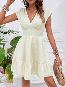 SHEIN VCAY Vestido de cuello profundo bajo con fruncido - Albaricoque - Ver 2