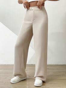SHEIN EZwear Quần nữ Nút Túi màu trơn Thanh lịch - Màu be - Xem 5