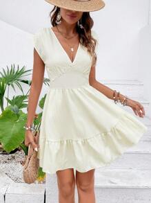 SHEIN VCAY Vestido de cuello profundo bajo con fruncido - Albaricoque - Ver 1