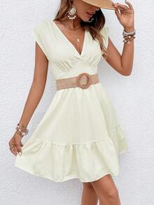 SHEIN VCAY Vestido de cuello profundo bajo con fruncido - Albaricoque - Ver 4