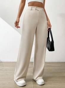 SHEIN EZwear Quần nữ Nút Túi màu trơn Thanh lịch - Màu be - Xem 7