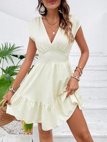 SHEIN VCAY Vestido de cuello profundo bajo con fruncido - Albaricoque - Ver 5