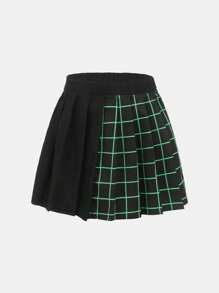 SHEIN 青少年女孩格紋印花百褶半身裙