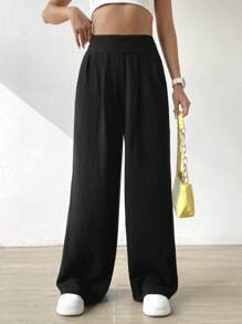 SHEIN EZwear Solid Wide Leg Trousers - Black - View 3