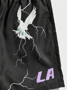 ROMWE MEN Street Life 男士鸽子与口号图案抽绳腰篮球短裤，学校 - 黑色 - 查看 3