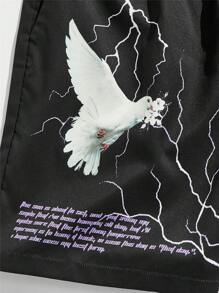 ROMWE MEN Street Life 男士鸽子与口号图案抽绳腰篮球短裤，学校 - 黑色 - 查看 4