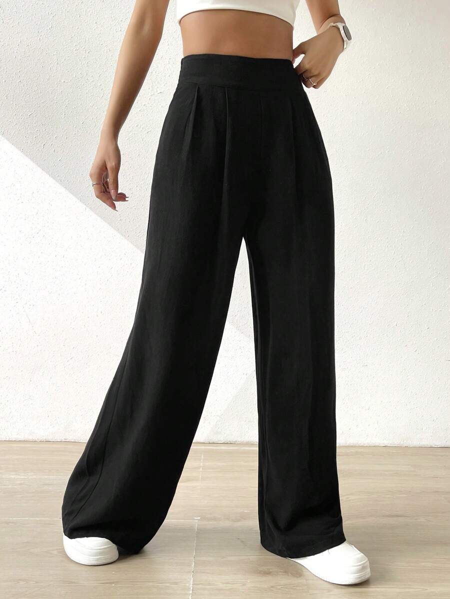 SHEIN EZwear Solid Wide Leg Trousers - Black - View 1