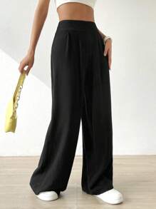 SHEIN EZwear Solid Wide Leg Trousers - Black - View 4