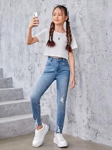 SHEIN Explorewe Tween Girl Ripped Washed Jeans - Medium Wash - View 1