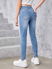 SHEIN Explorewe Tween Girl Ripped Washed Jeans - Medium Wash - View 2