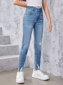 SHEIN Explorewe Tween Girl Ripped Washed Jeans - Medium Wash - View 3