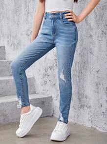 SHEIN Explorewe Tween Girl Ripped Washed Jeans - Medium Wash - View 4