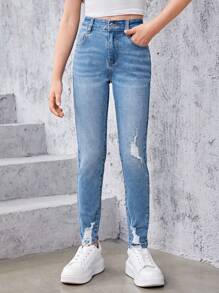 SHEIN Explorewe Tween Girl Ripped Washed Jeans - Medium Wash - View 5