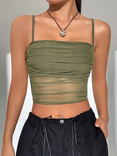 SHEIN EZwear ArmyGreen Summer Tops Solid Ruched Mesh Cami Top