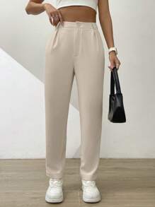 SHEIN Essnce 纯色褶皱斜口袋裤，女士春/秋休闲纽扣、口袋、拉链高腰锥形/萝卜长杏色宽松女裤，职业/商务装/工作服 - 杏色 - 查看 5