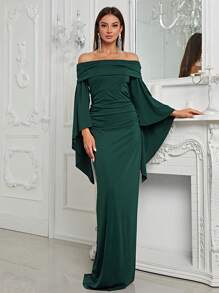 YISIKADO Off Shoulder Flounce Sleeve Ruched Dress - Dark Green - View 2
