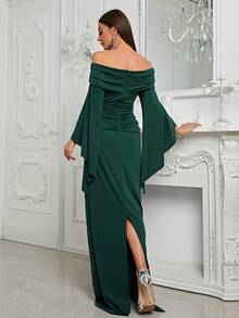 YISIKADO Off Shoulder Flounce Sleeve Ruched Dress - Dark Green - View 3