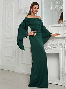 YISIKADO Off Shoulder Flounce Sleeve Ruched Dress - Dark Green - View 4
