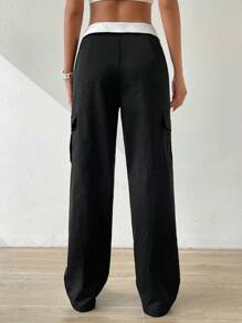 SHEIN EZwear 拼接邊側翻蓋口袋工裝褲 - 黑色 - 查看 2