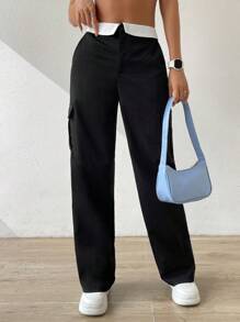 SHEIN EZwear 拼接邊側翻蓋口袋工裝褲 - 黑色 - 查看 3