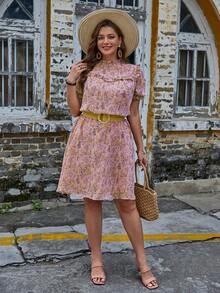 SHEIN LUNE Đầm Plus Size viền lá sen Xù Thực vật Tất cả trên in Boho - Nhiều màu - Xem 5