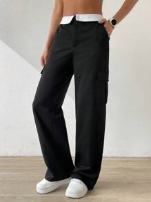 SHEIN EZwear 拼接邊側翻蓋口袋工裝褲 - 黑色 - 查看 5