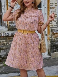 SHEIN LUNE Đầm Plus Size viền lá sen Xù Thực vật Tất cả trên in Boho - Nhiều màu - Xem 6