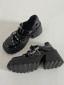 ROMWE Anime 女士朋克黑色鞋，链条和心形装饰厚底玛丽珍鞋秋季新年假期