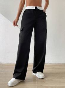 SHEIN EZwear 拼接邊側翻蓋口袋工裝褲 - 黑色 - 查看 6