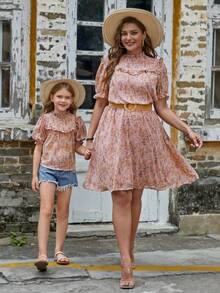 SHEIN LUNE Đầm Plus Size viền lá sen Xù Thực vật Tất cả trên in Boho - Nhiều màu - Xem 8