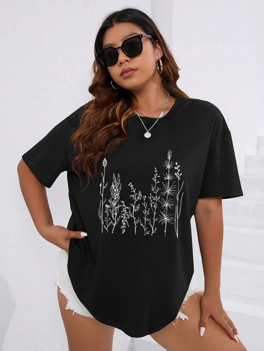 SHEIN Unity Áo thun Plus size Thực vật Giải trí - màu đen - Xem 1