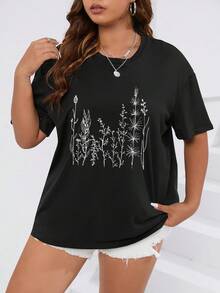 SHEIN Unity Áo thun Plus size Thực vật Giải trí - màu đen - Xem 4