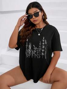 SHEIN Unity Áo thun Plus size Thực vật Giải trí - màu đen - Xem 5