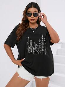 SHEIN Unity Áo thun Plus size Thực vật Giải trí - màu đen - Xem 6