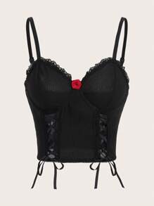 ROMWE Goth Lace Up Front Lace Trim Cami Top - Black - View 1