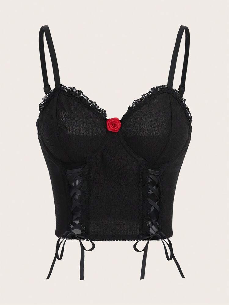 ROMWE Goth Lace Up Front Lace Trim Cami Top - Black - View 1