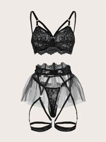 ROMWE Goth 花卉蕾絲鋼圈吊帶襪內衣套裝 - 黑色 - 查看 2