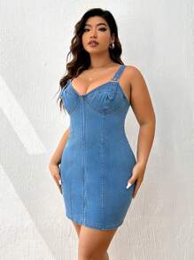 SHEIN Privé 大碼拉鏈開襟緊身上衣緊身牛仔洋裝