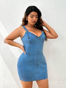 SHEIN Privé 大碼拉鏈開襟緊身上衣緊身牛仔洋裝