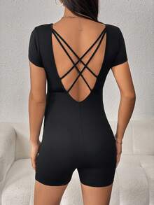 SHEIN Maternity Crisscross Backless Unitard Romper - Black - View 4