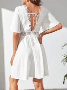 SHEIN Tall Đầm Lộ Lưng Tương phản ren Buộc lại Dây kéo màu trơn Gợi cảm - trắng - Xem 1