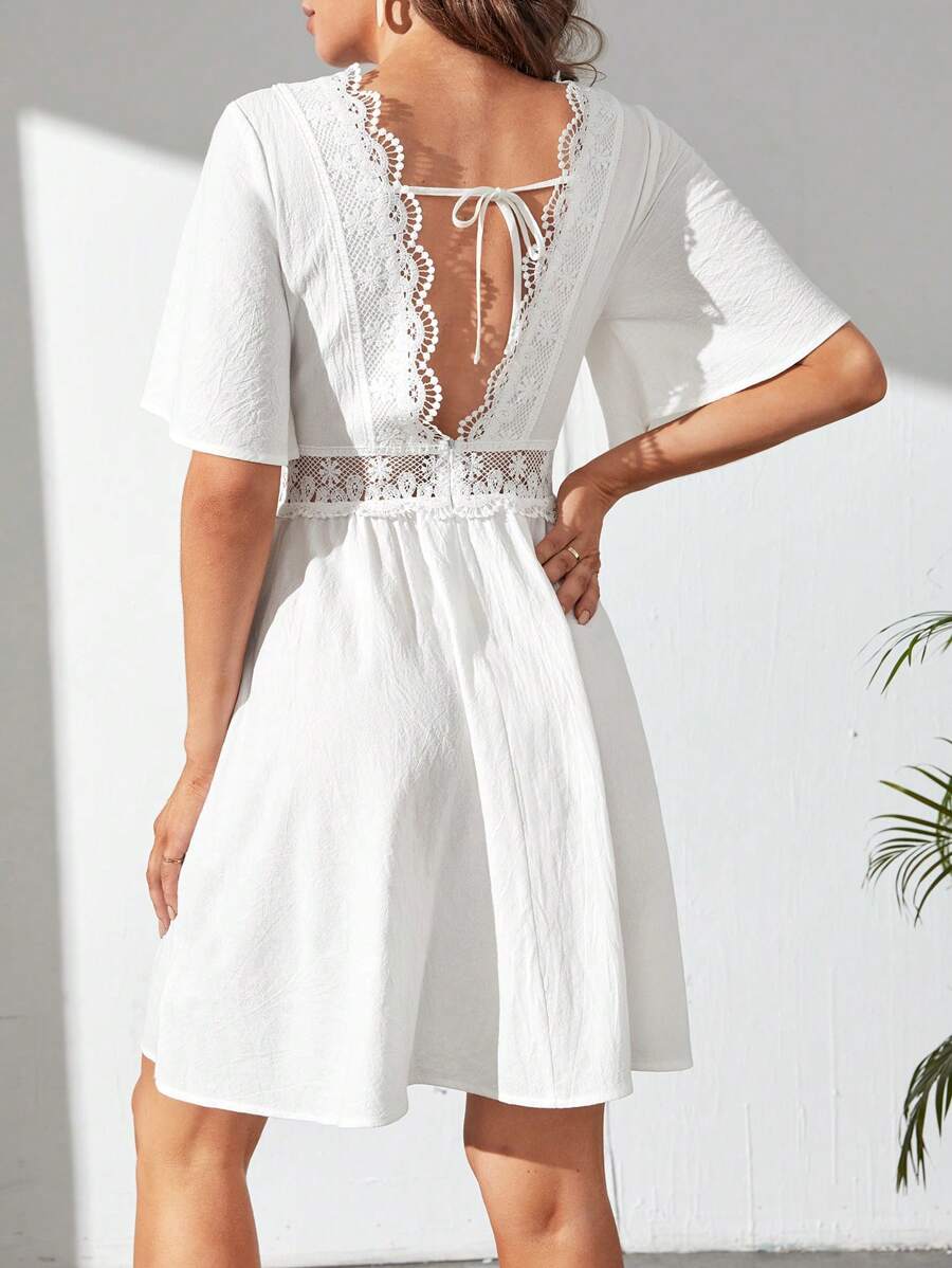 SHEIN Tall Đầm Lộ Lưng Tương phản ren Buộc lại Dây kéo màu trơn Gợi cảm - trắng - Xem 1