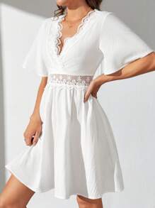 SHEIN Tall Đầm Lộ Lưng Tương phản ren Buộc lại Dây kéo màu trơn Gợi cảm - trắng - Xem 2