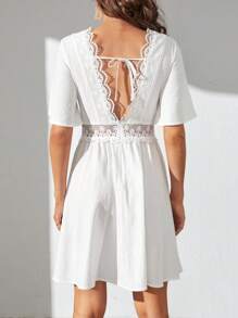 SHEIN Tall Đầm Lộ Lưng Tương phản ren Buộc lại Dây kéo màu trơn Gợi cảm - trắng - Xem 3