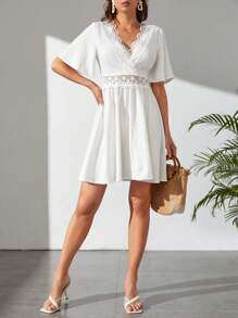 SHEIN Tall Đầm Lộ Lưng Tương phản ren Buộc lại Dây kéo màu trơn Gợi cảm - trắng - Xem 4