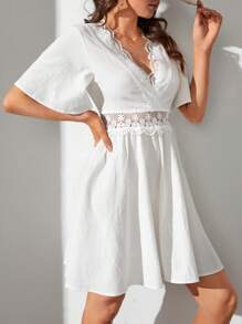 SHEIN Tall Đầm Lộ Lưng Tương phản ren Buộc lại Dây kéo màu trơn Gợi cảm - trắng - Xem 5