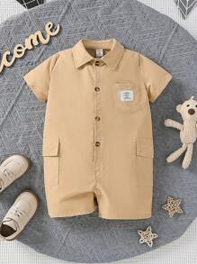 SHEIN 小男童字母補丁細節翻蓋口袋襯衫連體短褲