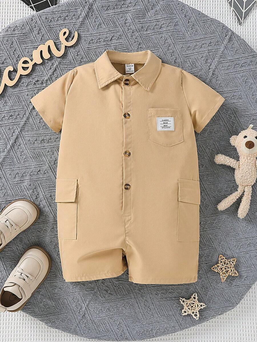 SHEIN 小男童字母補丁細節翻蓋口袋襯衫連體短褲